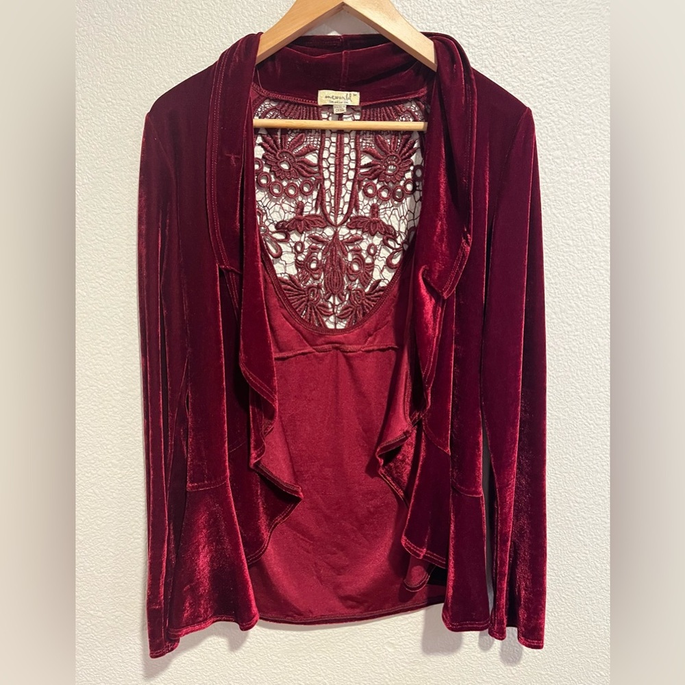 One World Velvet Ruffle Lace Open Cardigan Burgundy Red Fairy Grunge Medium
